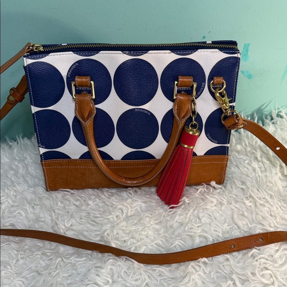 Brahmin Polka Women’s Navy Dot & Tan Crossbody Satchel with Red Tassel
